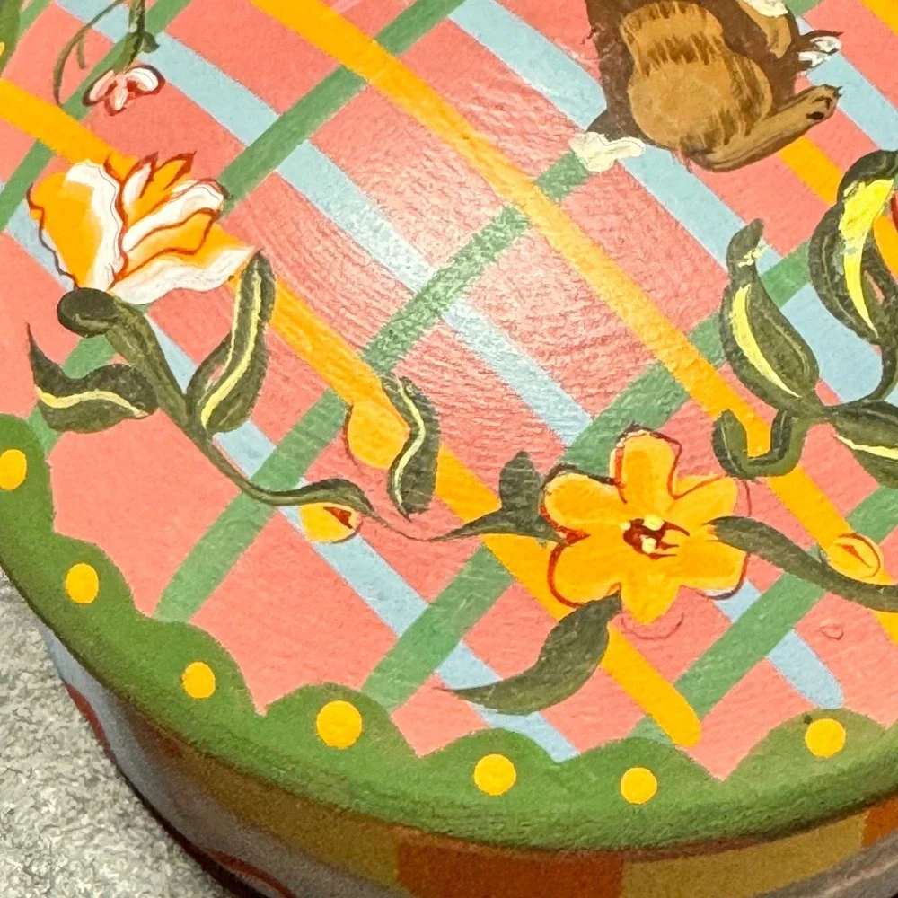 The Home Collection 1997 Wooden Trinket Box Bunny Floral Round‎ Cottage-Core